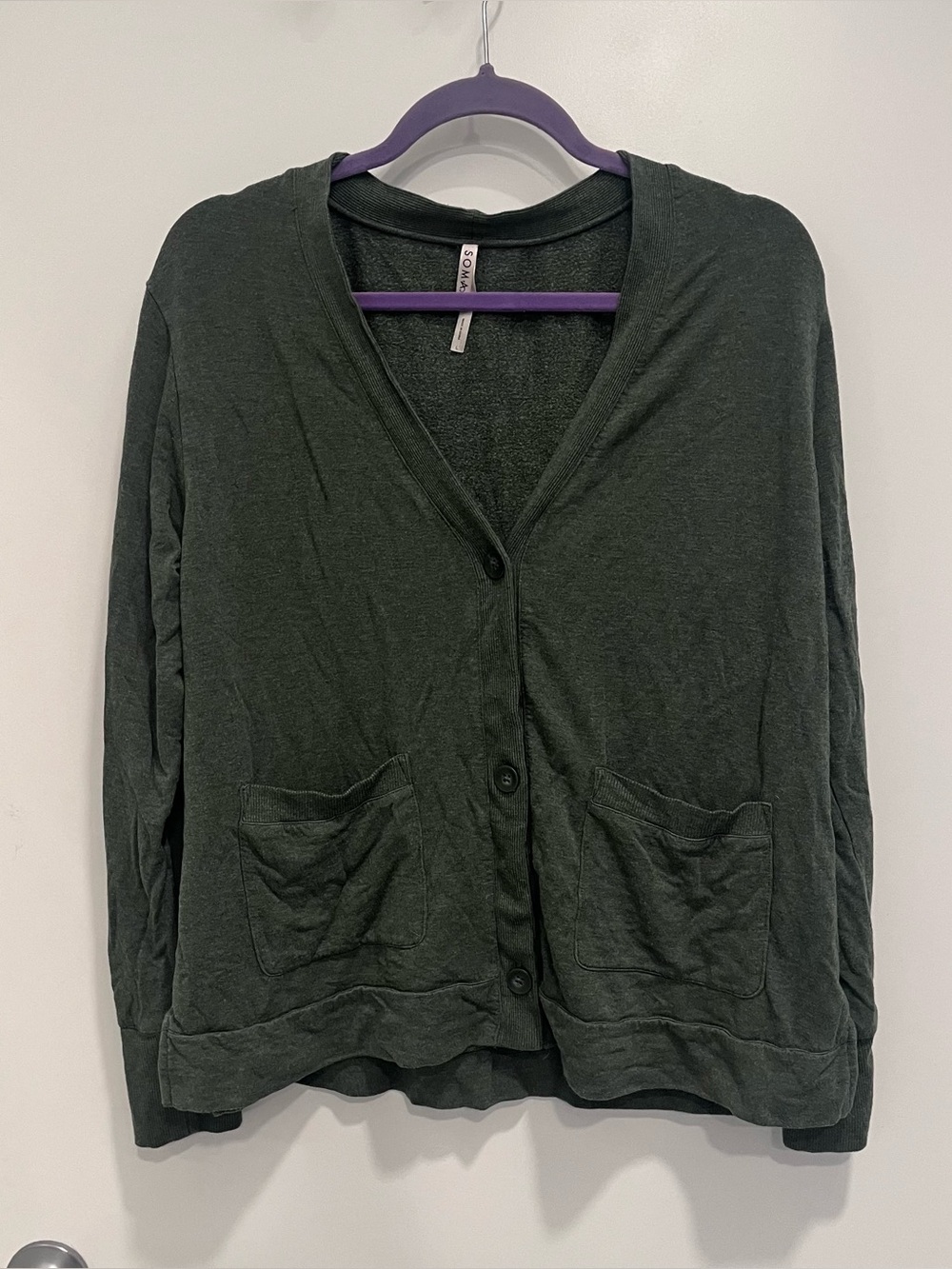 Soma Button Down Cardigan Sweater Dark Green‎ V-Neck Pockets Size Large